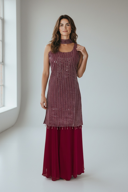 Chiffon sharara suit with sequin embroidery work by Kurti Connection USA