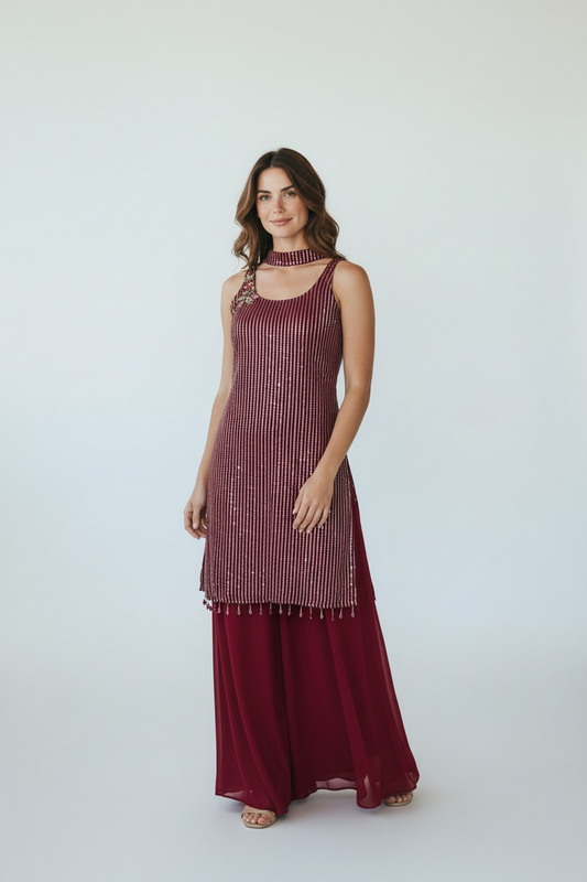 Chiffon sharara suit with sequin embroidery work by Kurti Connection USA