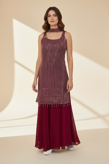 Chiffon sharara suit with sequin embroidery work by Kurti Connection USA